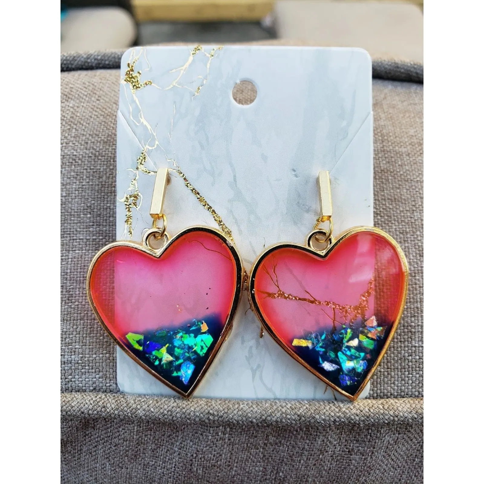Gold colored Art Handmade Resin Glitter Heart Earrings Tones Verdes Jewelry - Image 3