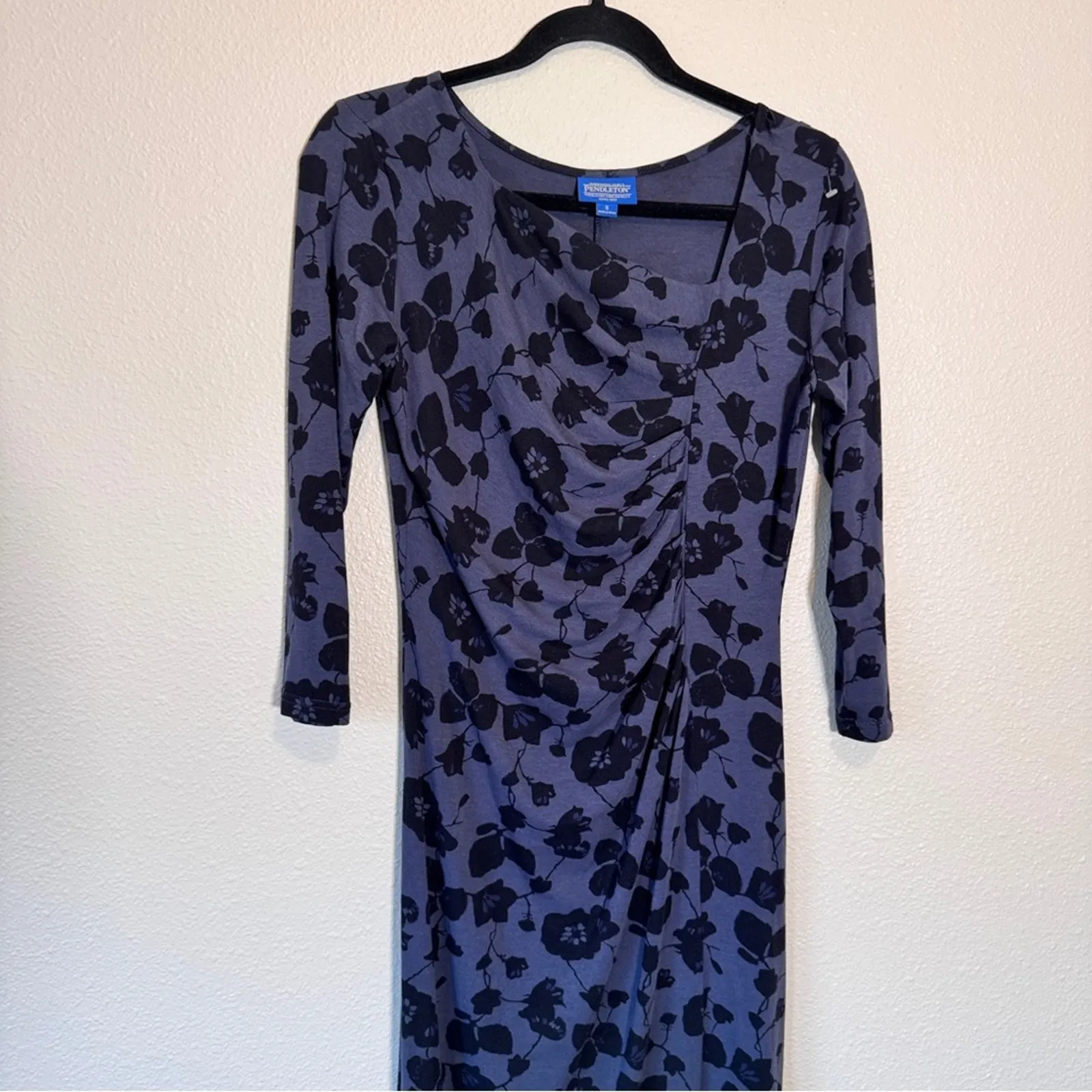Pendleton Blue Black Floral Mini Ruched Bodycon Dress Women S Casual Long Sleeve - Image 2