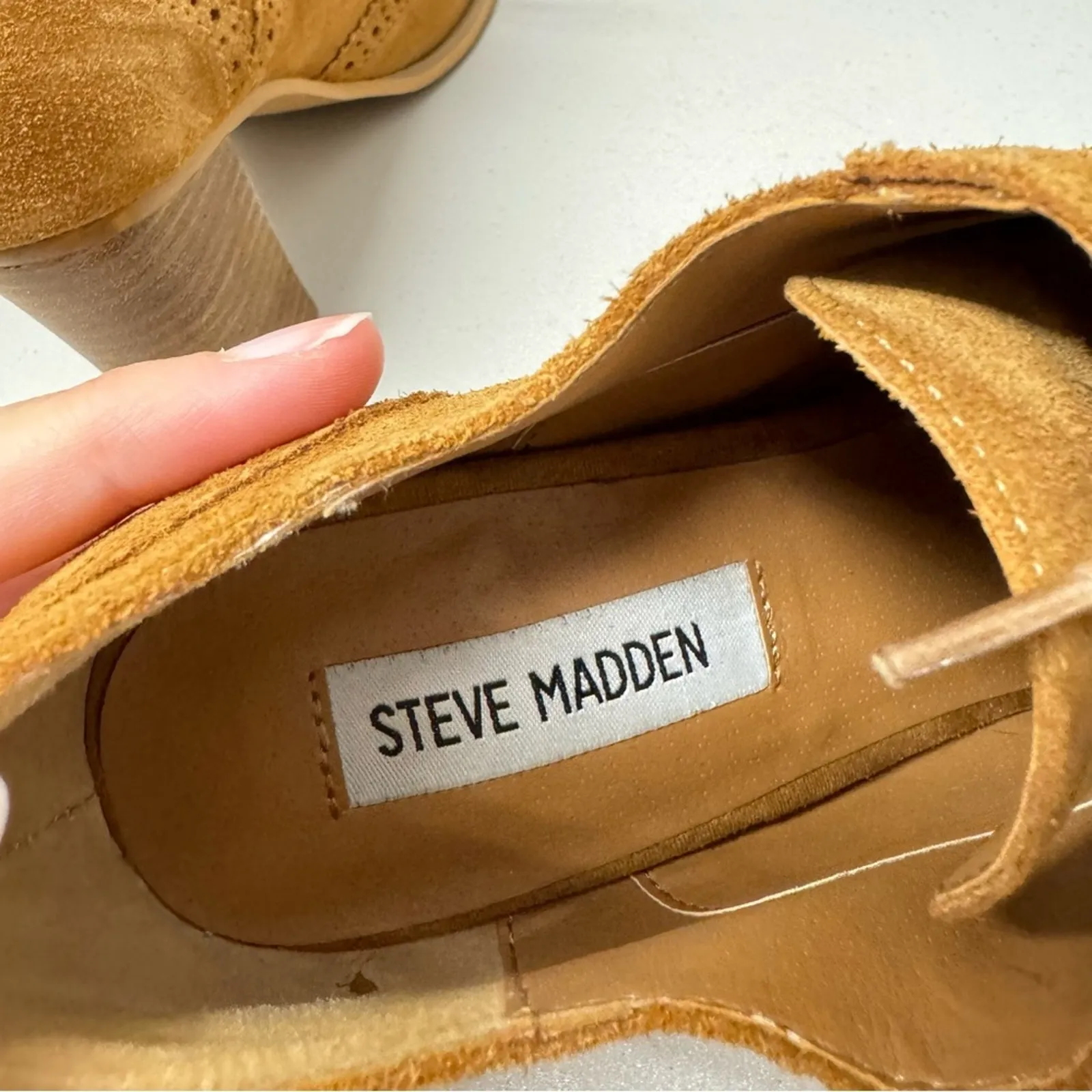 Steve Madden Tan Leather Oxford Lace Up Boots Women’s 6.5 Stacked Heel Booties - Image 8