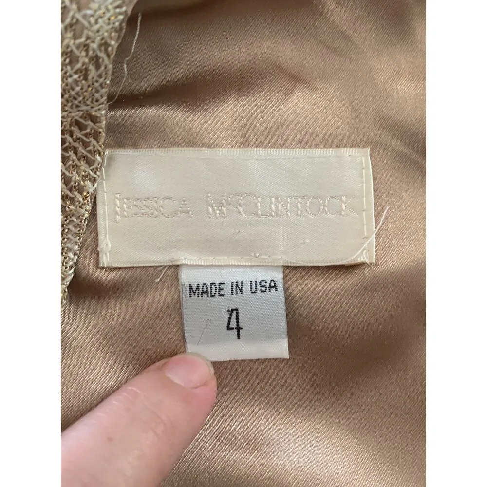 90s Jessica McClintock gold lace bodycon dress scoop neck size small 4 - Image 3