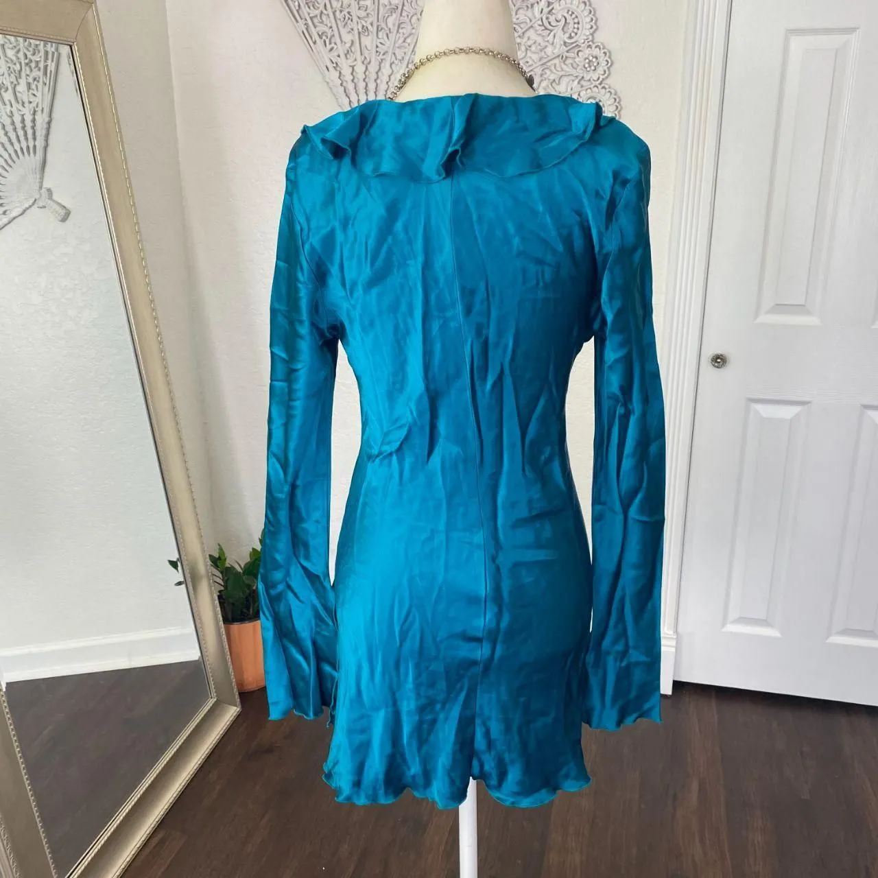 Deadstock Frederick's Of Hollywood Teal Ethereal Frilly Ruffle Silk Dress Top M - Image 7
