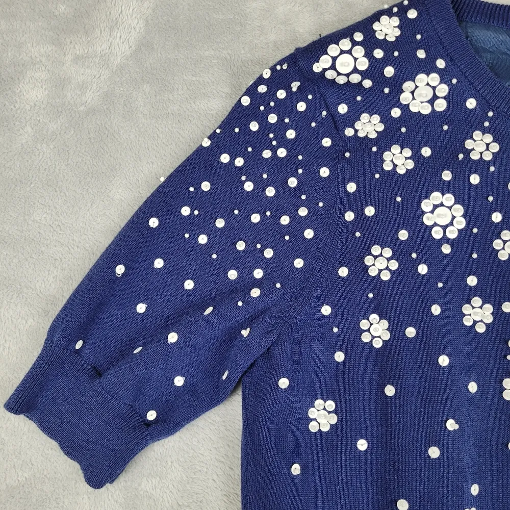 Michael Kors Women's Cardigan L Blue Sequins Beaded Blue Full Zip Short Sleeve - Image 4