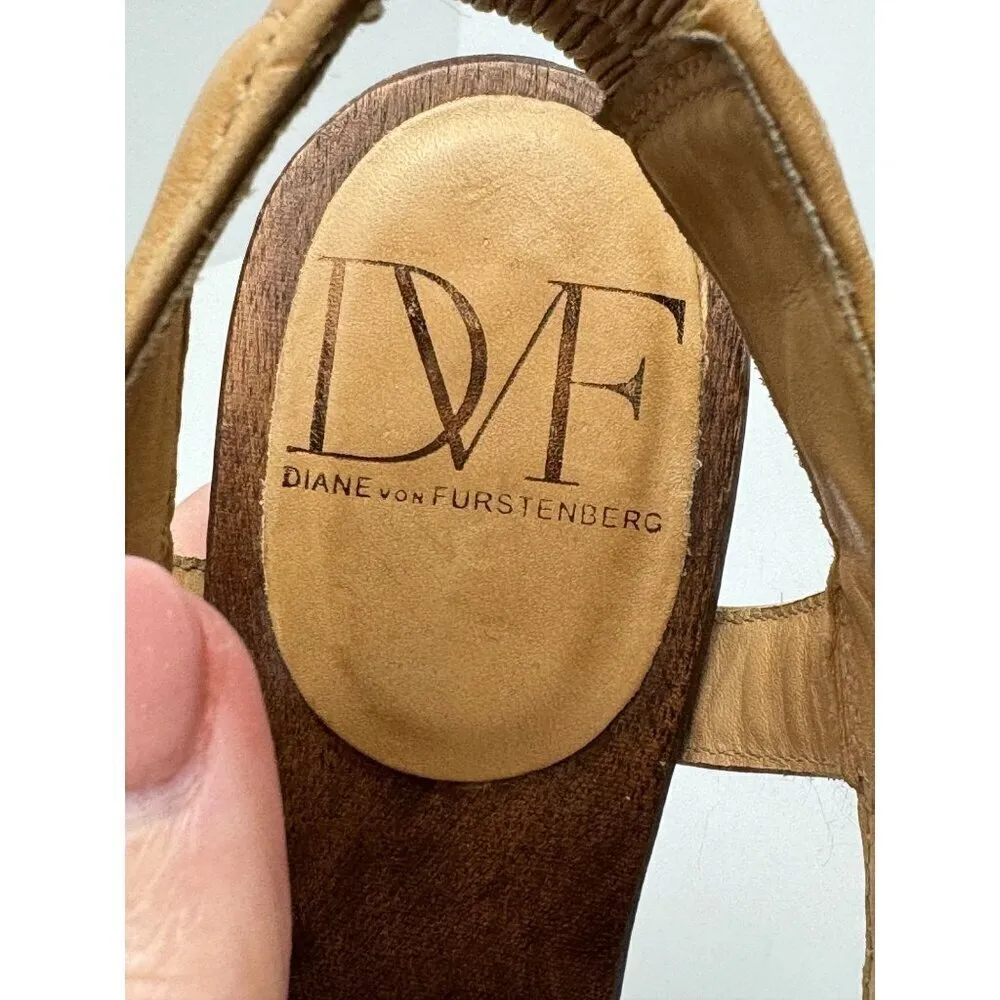 Diane Von Furstenberg Shoes Women 6 Tan‎ Leather Open Toe Slingback Wood Heels - Image 11