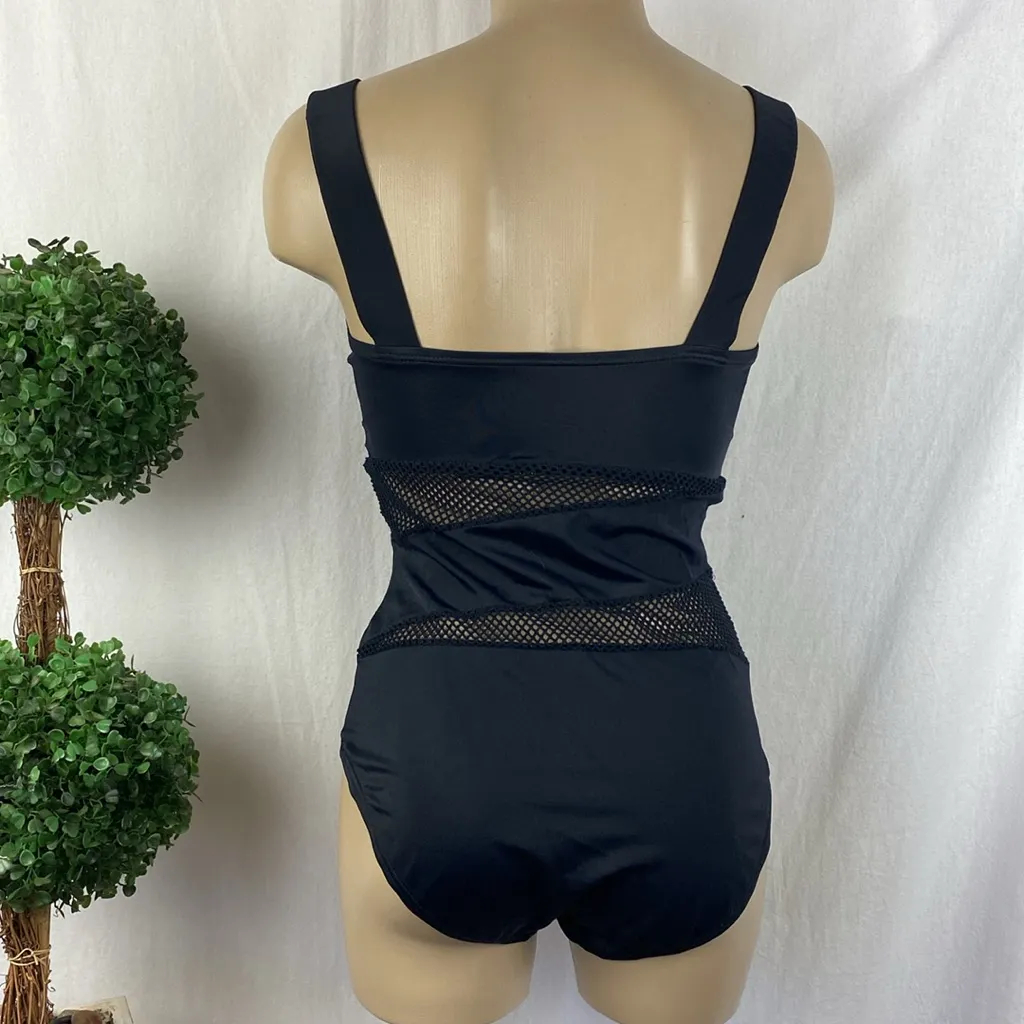 DKNY Black Cutout Netted 1 Piece Swim Bathing Suit 10 - Image 2