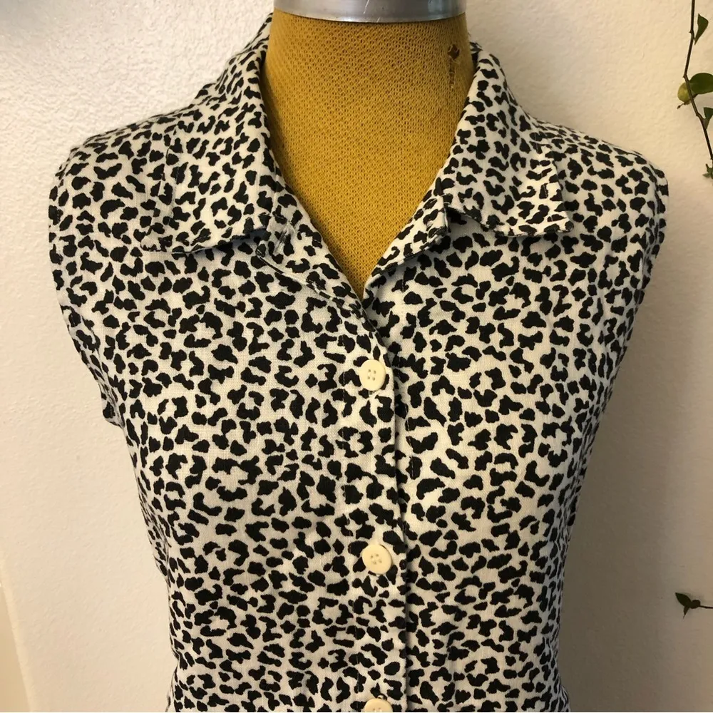 Jones NY Sleeveless 100% Linen Shirt Dress Black Animal Leopard Print Button - Image 2