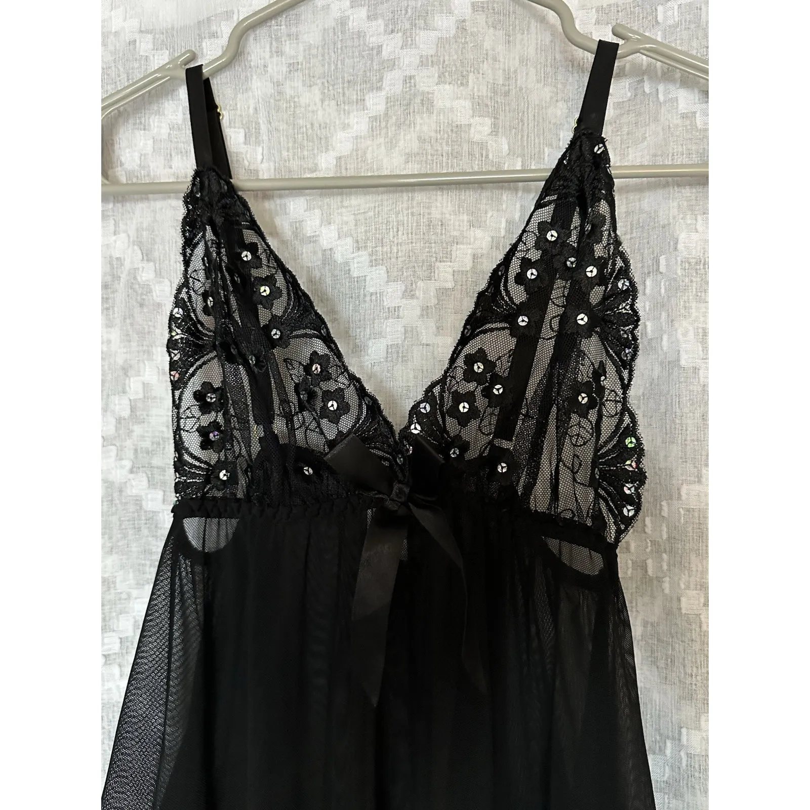 Y2K Vintage Slip Dress Medium Black Sheer Mesh Sequin Babydoll Chemise Lingerie - Image 3