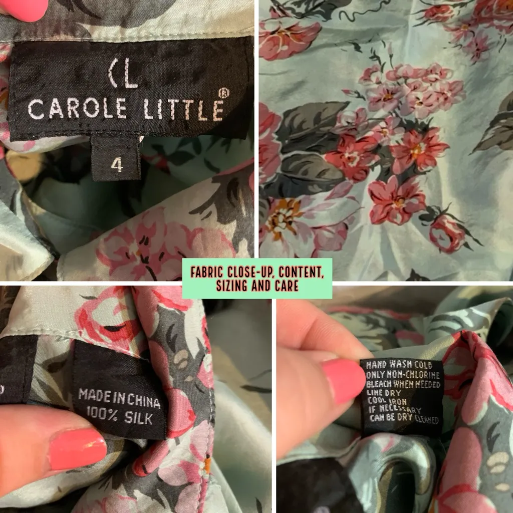 VINTAGE CAROLE LITTLE MINTY GREEN & PINK FLORAL PRINT SILK SKIRT SET (4) - Image 14