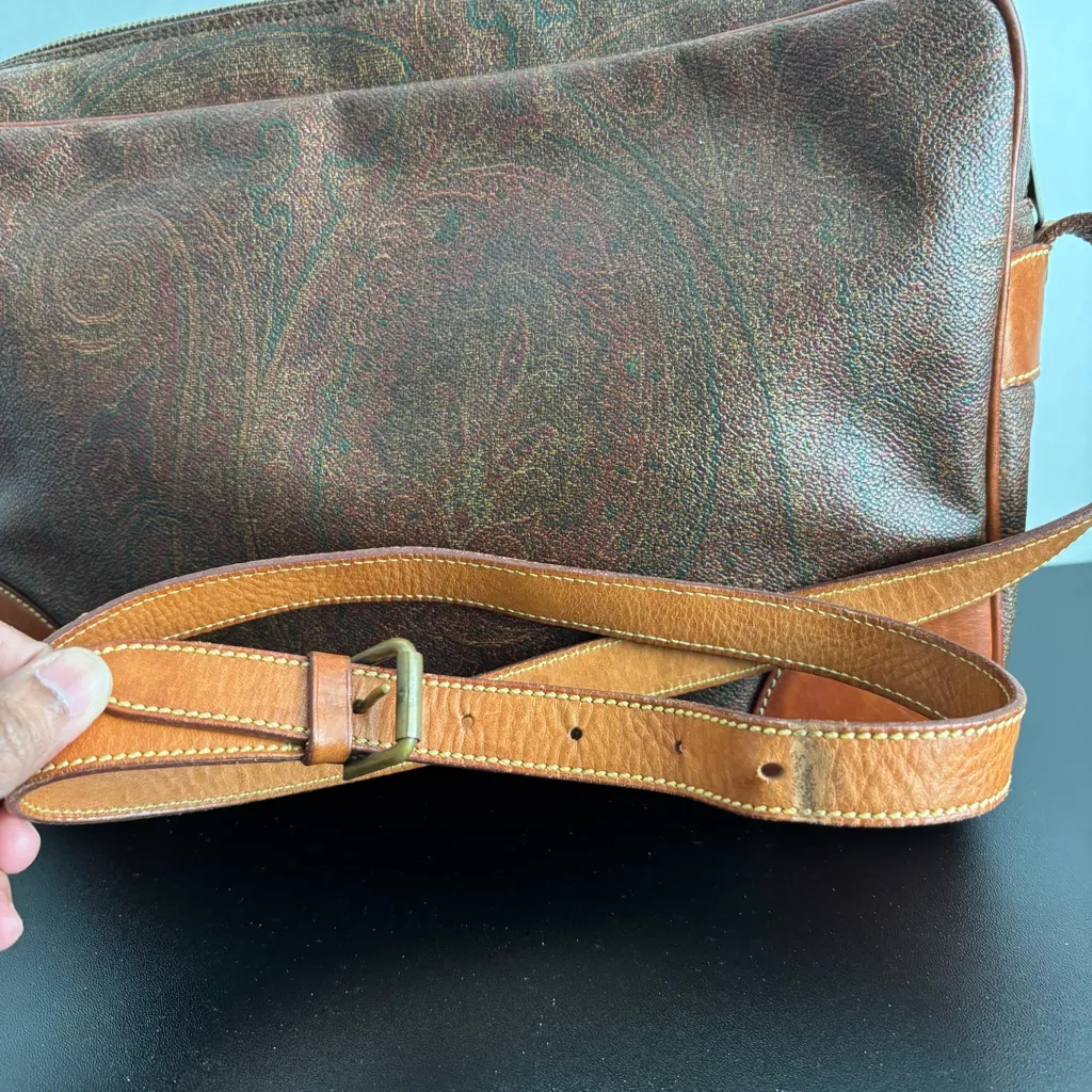 ETRO Red Paisley Crossbody Messenger Shoulder Bag Leather Coated Canvas ITALY Brown - Image 5