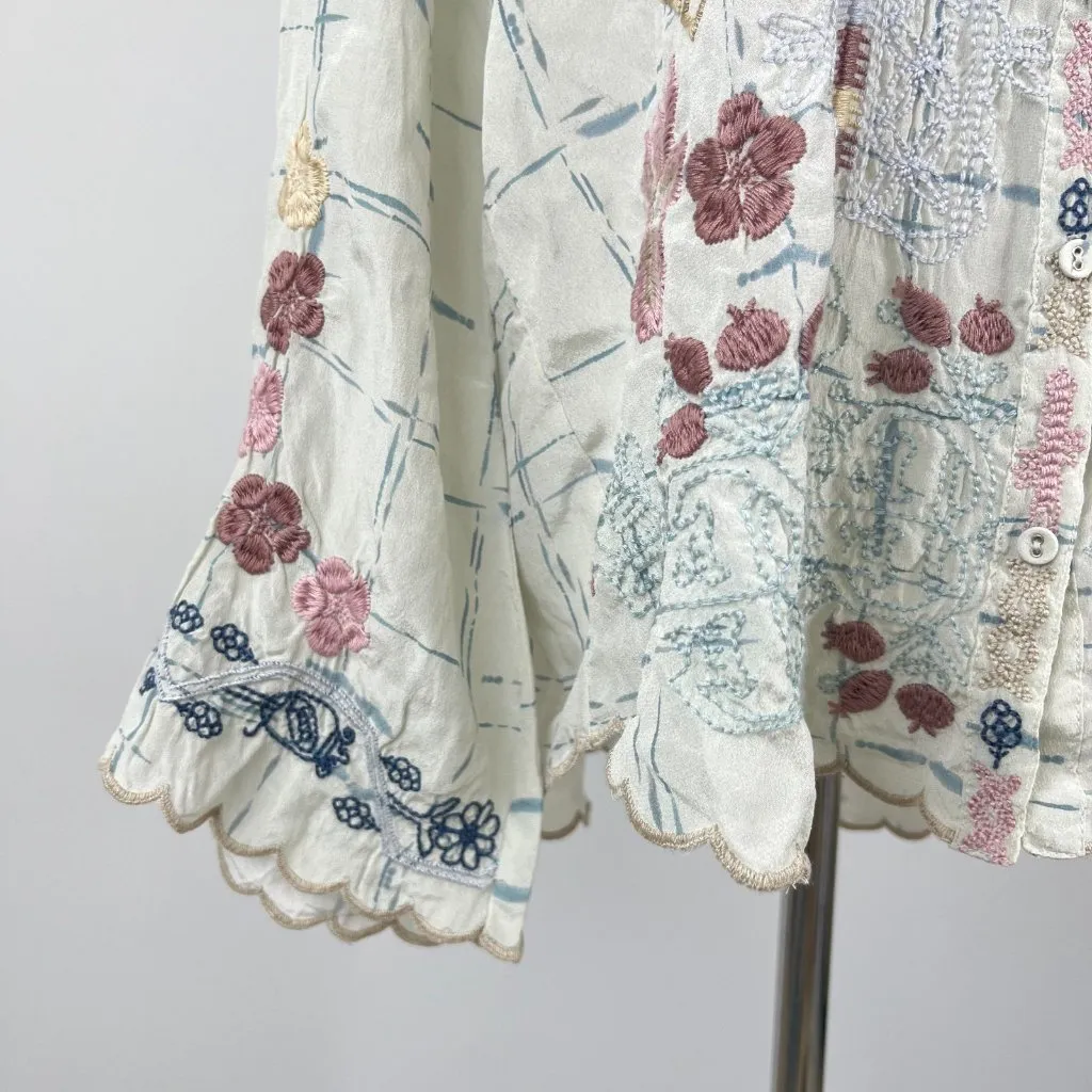 NWOT Johnny Was Biya Embroidered Floral Silk Boho Long Sleeves Shirt Blouse Sz S - Image 5