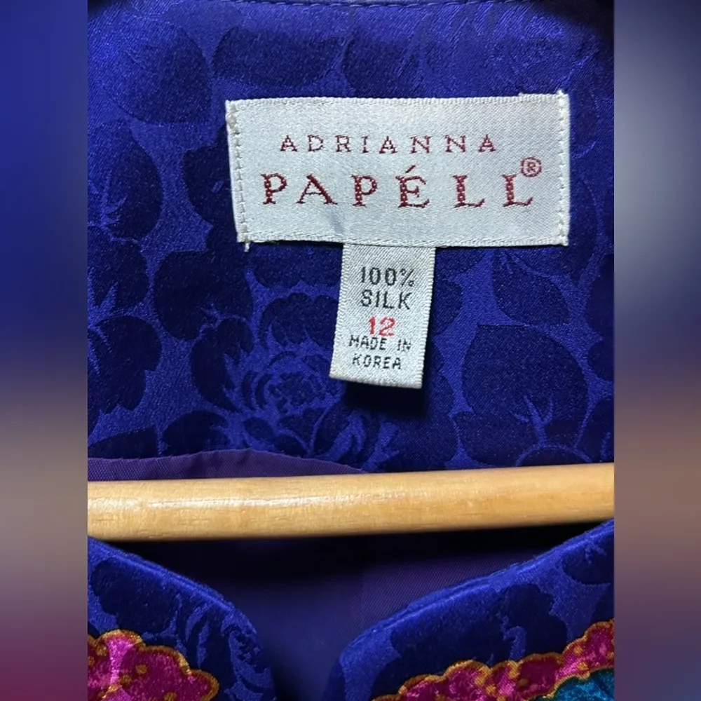 EXCELLENT Vintage Adrianna Papell Silk 2Piece Suit Blazer Skirt Stripe Floral 12 - Image 3