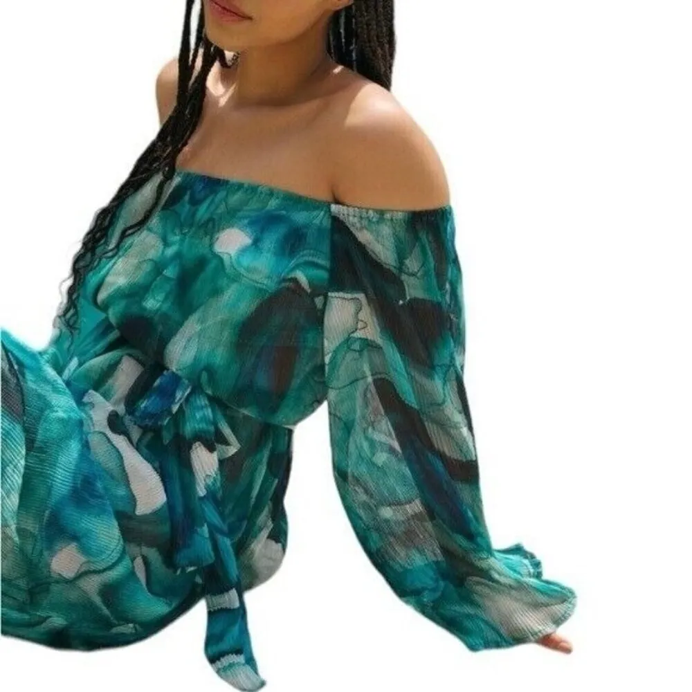 VILLA FRESCA Malia Off The Shoulder Micro Pleated Maxi Dress Blue Size 4X NEW - Image 10