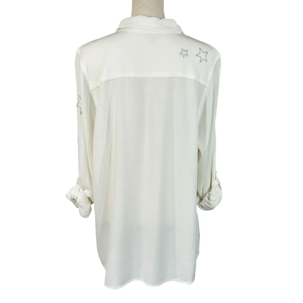Torrid SZ 3 (3X-Large) Top Button-Up Gauzy Silver Stars Roll-Tab Sleeves Pocket - Image 7