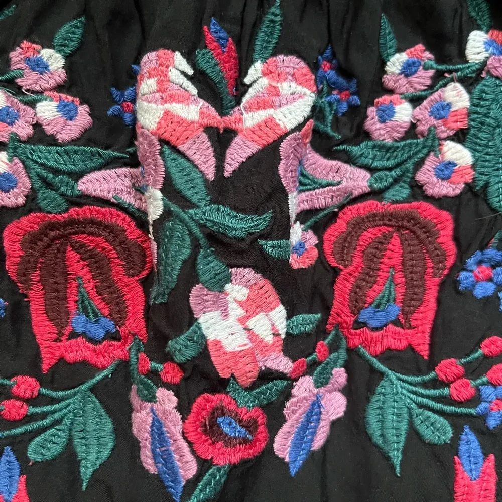 Free People Black Sunbeam Floral Embroidered Tiered Off Shoulder Mini Dress M - Image 3