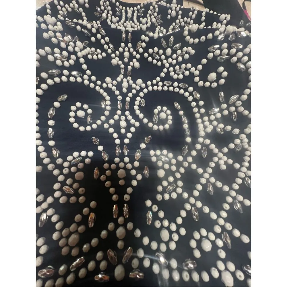 Morgan & Co Strapy Open Criss Cross Back Maxi Gown Dress Sz 7/8 Navy/White NWT Blue - Image 7