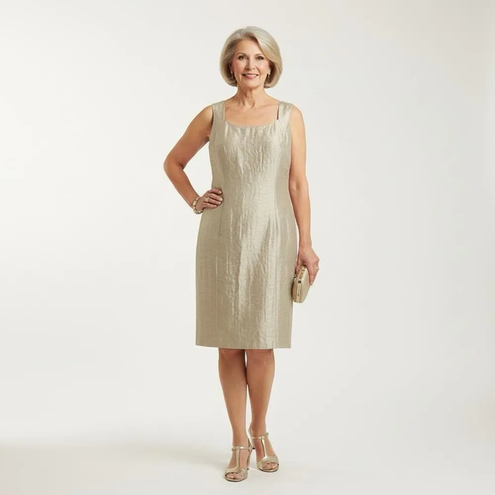 Kasper Gold Shimmer Sleeveless Sheath Midi Cocktail Dress Square Neck Petite 14P - Image 2