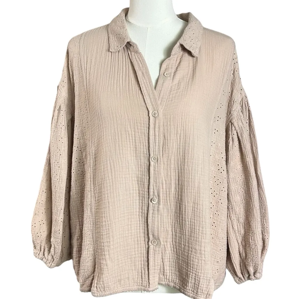 Free People Dainty Ethereal Cottage Eyelet Lace Full Bloom Shirt Rose Dust Large - Image 2