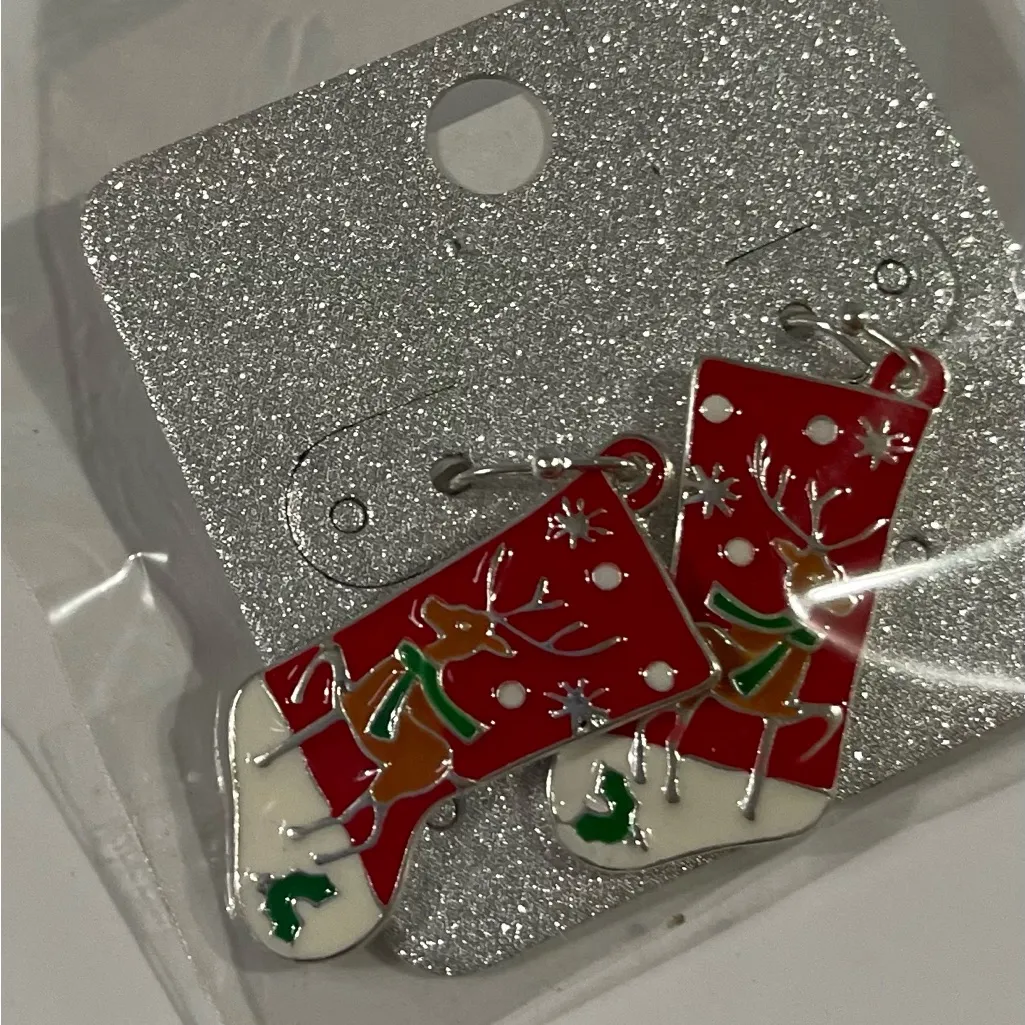 NWT Reindeer Stocking Earrings. Red - Image 3