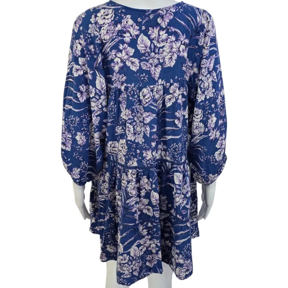 BOG Collective Adeline Blue & White Floral Tassel Tunic Mini Dress Size Medium - Image 5