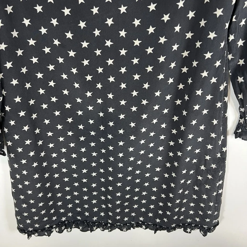 J.Crew Collection 100% Silk Black‎ Star Print Ruffle Trim Long Sleeve Dress Sz 2 Black - Image 3