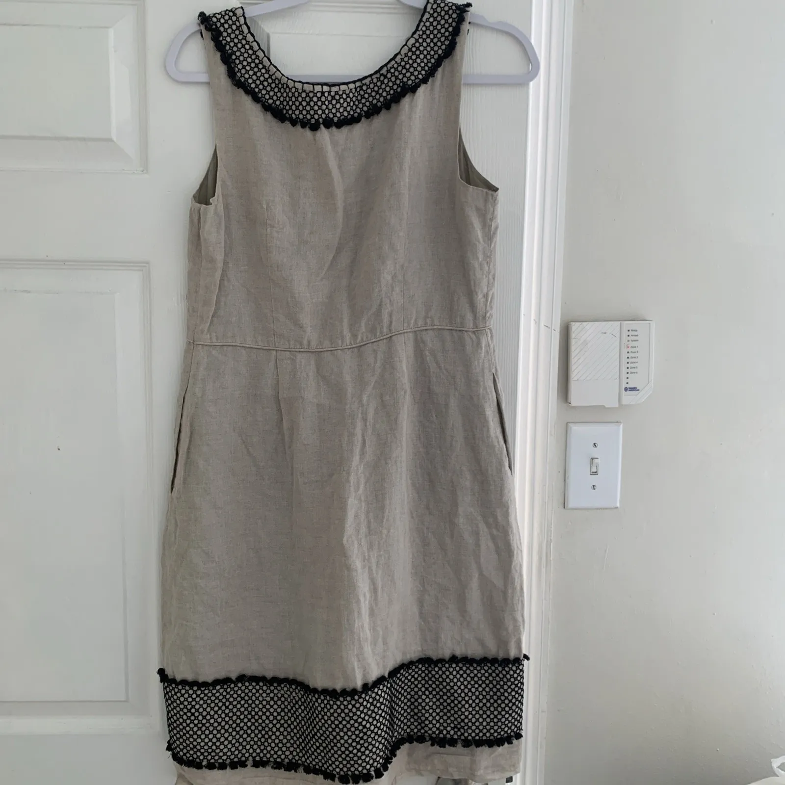 J. Crew Dress Size 8 Beige Black Fringe Linen Tank Sheath Pencil Natural Tan - Image 3