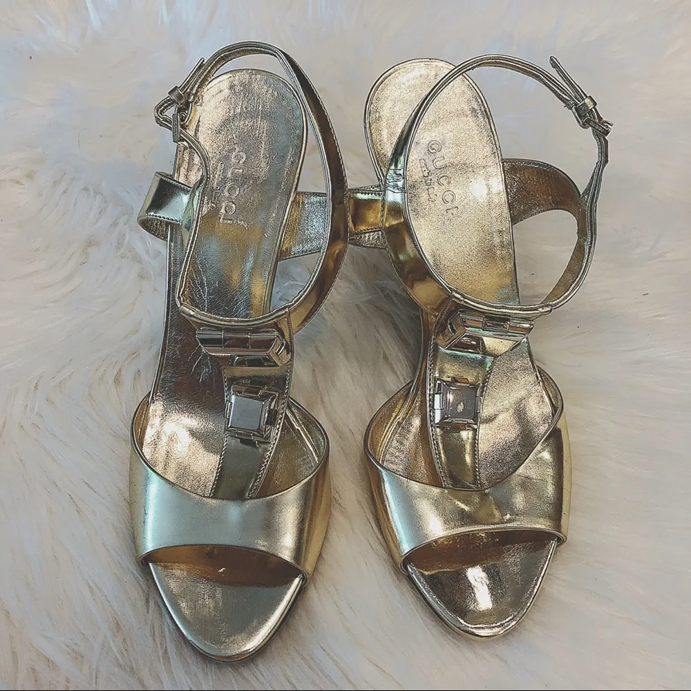 Gucci Women's Size 7B Gold Metallic Studded T Ankle Strap Stiletto High Heels - Image 2