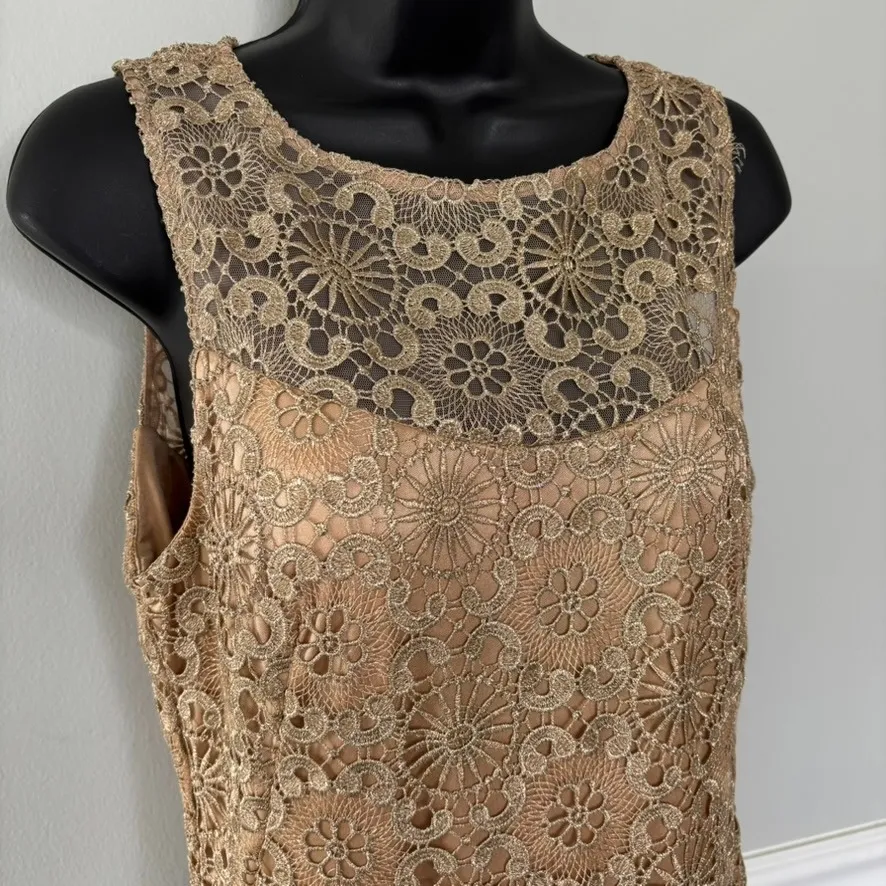 Sue Wong Nocturne Gold Lace Sheath Dress Sz 10 Cocktail Flapper‎ 1920s y2k - Image 2