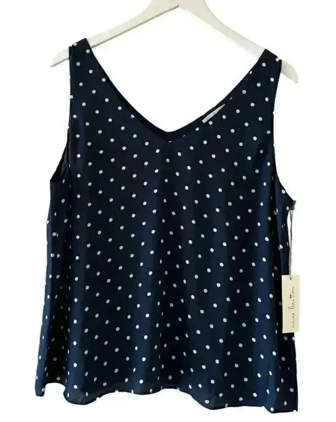 Nine Britton Navy White Polka Dot V-Neck Classic Swing Tank Top SZ L # 1883 - Image 1