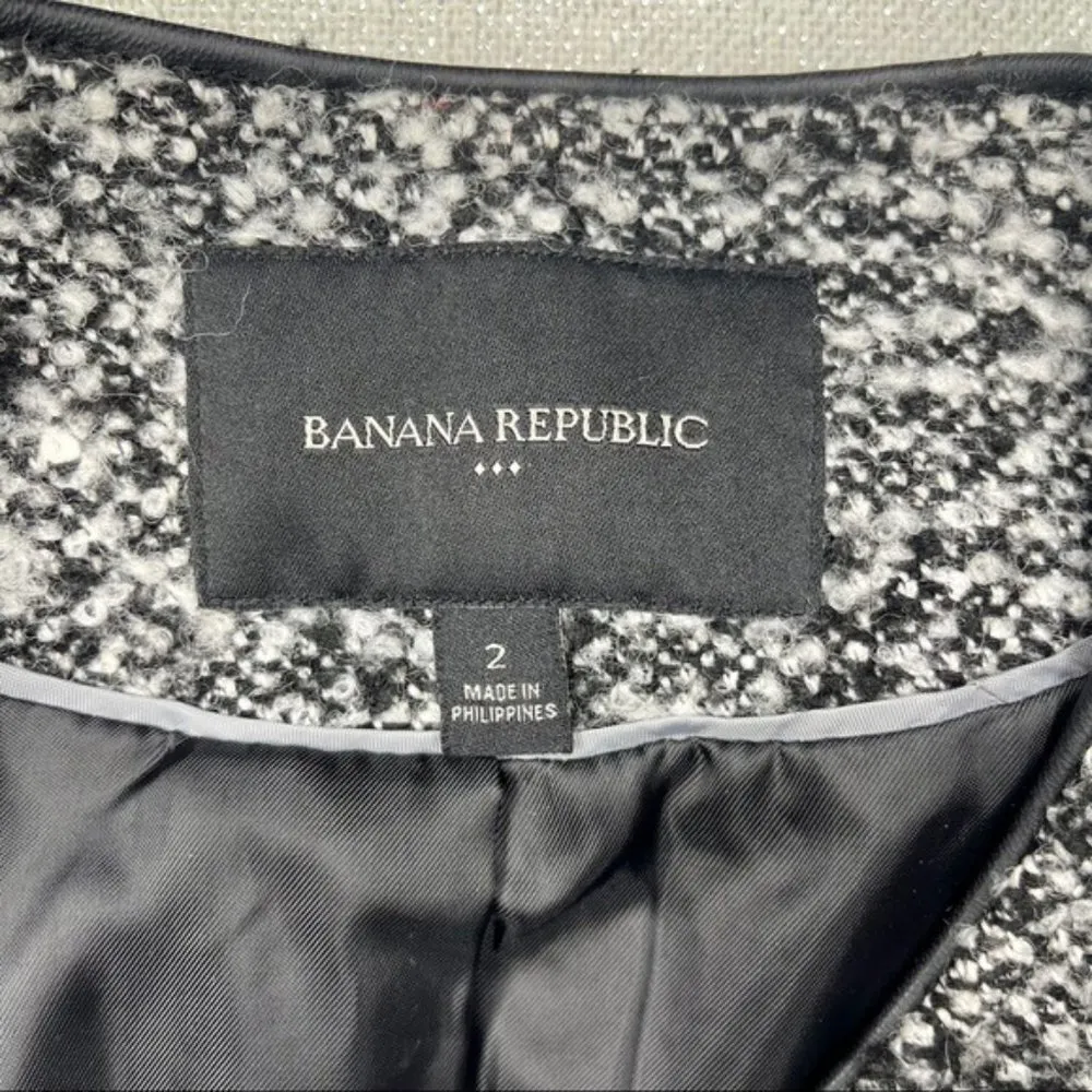 Banana Republic Tweed Wool Zip Up Jacket Leather Trim 2 XS - Image 9