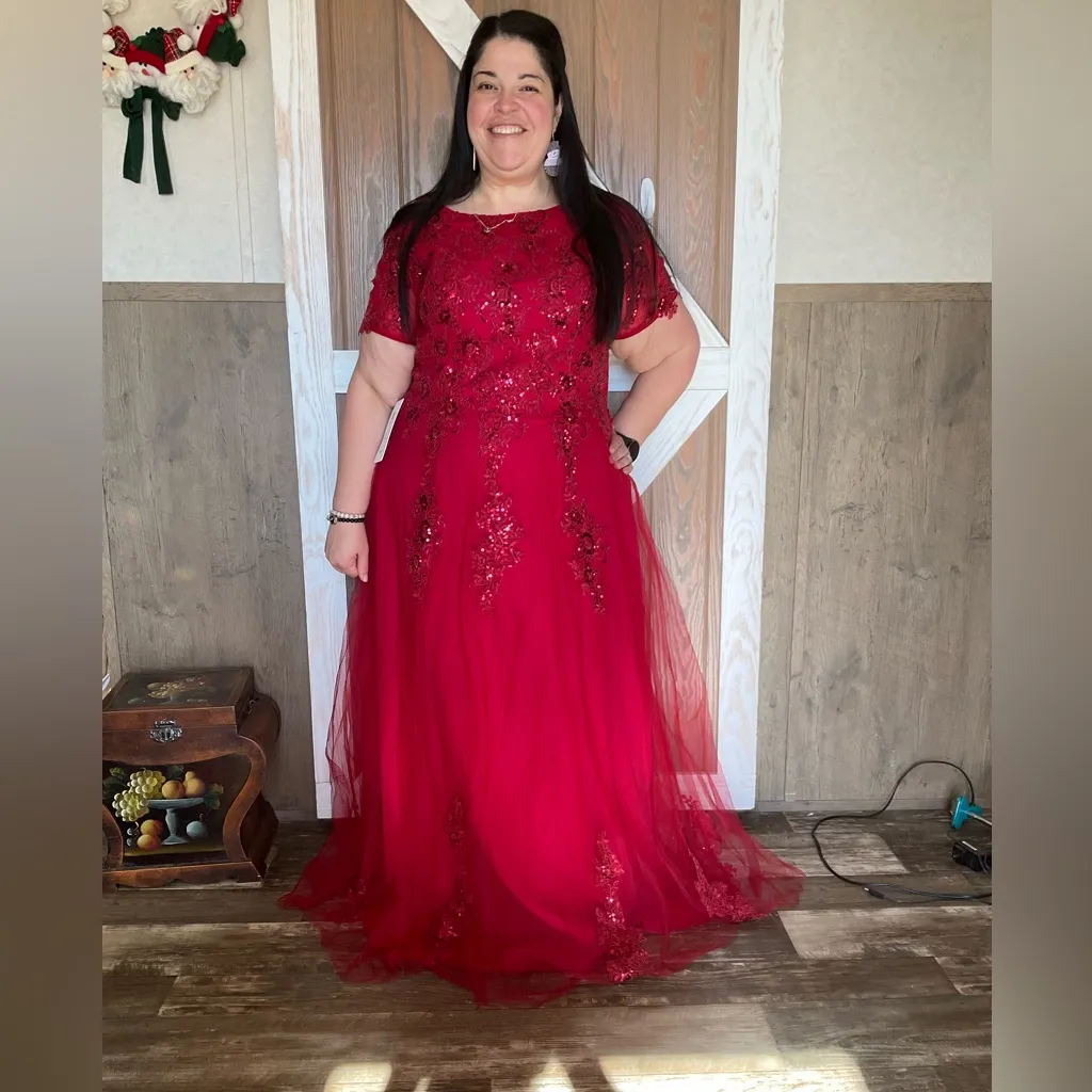 Elegant Red Lace Evening Gown With Corset Back. Beautiful beading. Size 20W - Image 7