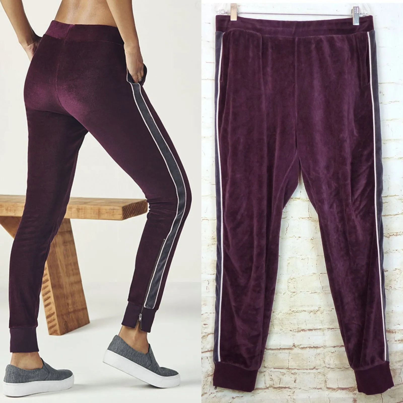 Fabletics Britt Jogger Pants Womens XL Burgundy Velour Gray Side Stripe Zip Leg - Image 2