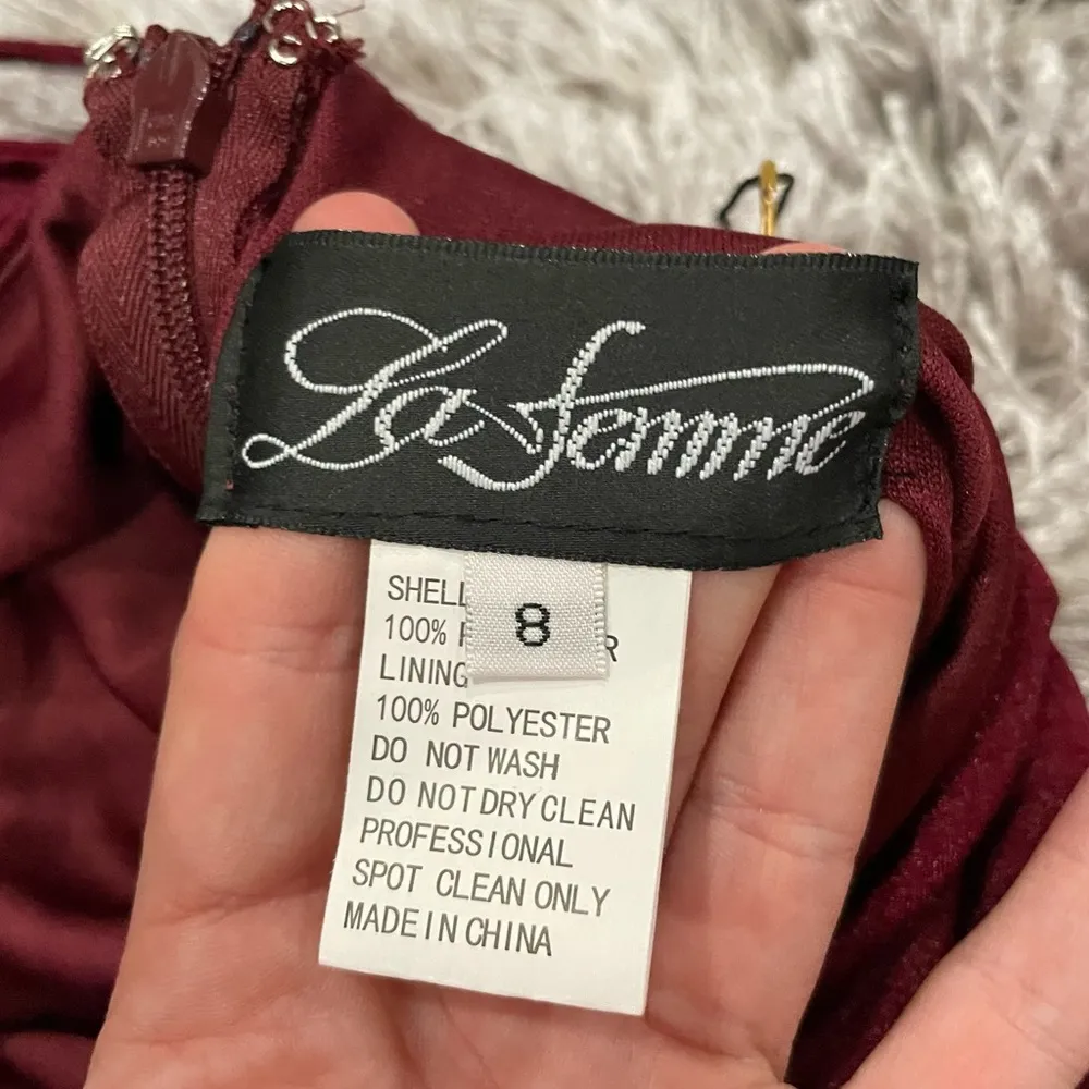 La Femme Strappy Back Ruched Front Slit Gown Maxi Dress Dark Berry 29710 - Image 9