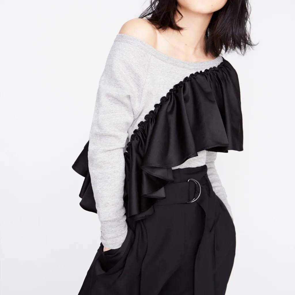 J Crew Asymmetrical Ruffle Sweatshirt Gray Black. Size S - Image 3