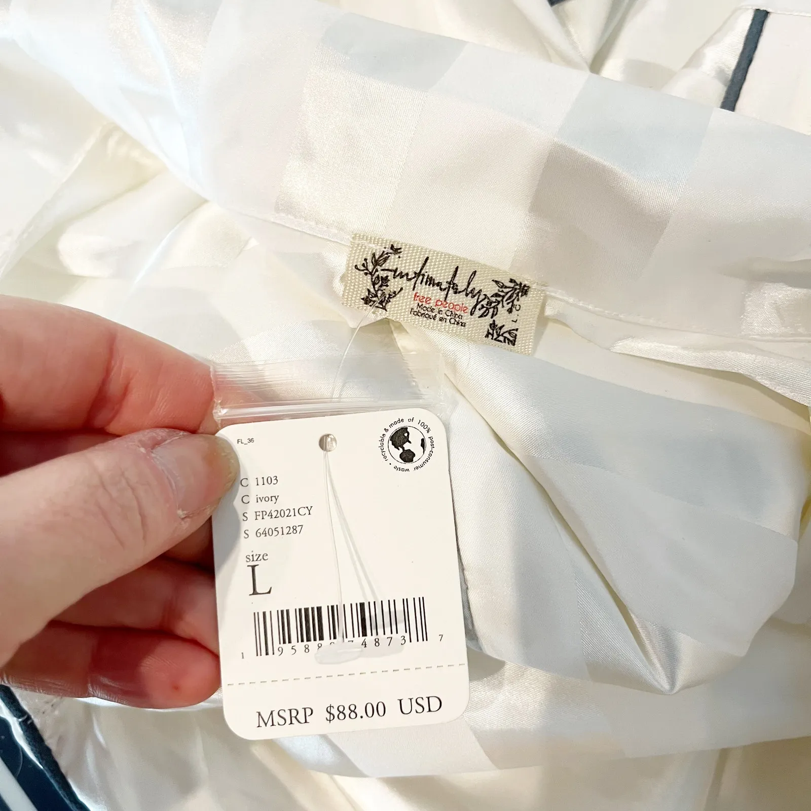 Free People Party Pajama Long Sleeve Satin Wide Leg Matching Set White Large - Image 3