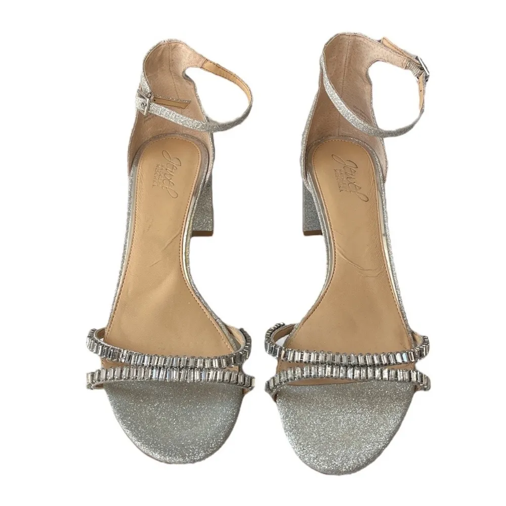 Jewel Badgley Mischka Joanne Strappy Block Heel Silver Size 10 - Image 2
