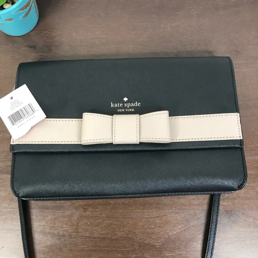 NEW Kate Spade Veronique Kirk Park Saffiano Black Beige Bow Crossbody Bag - Image 6