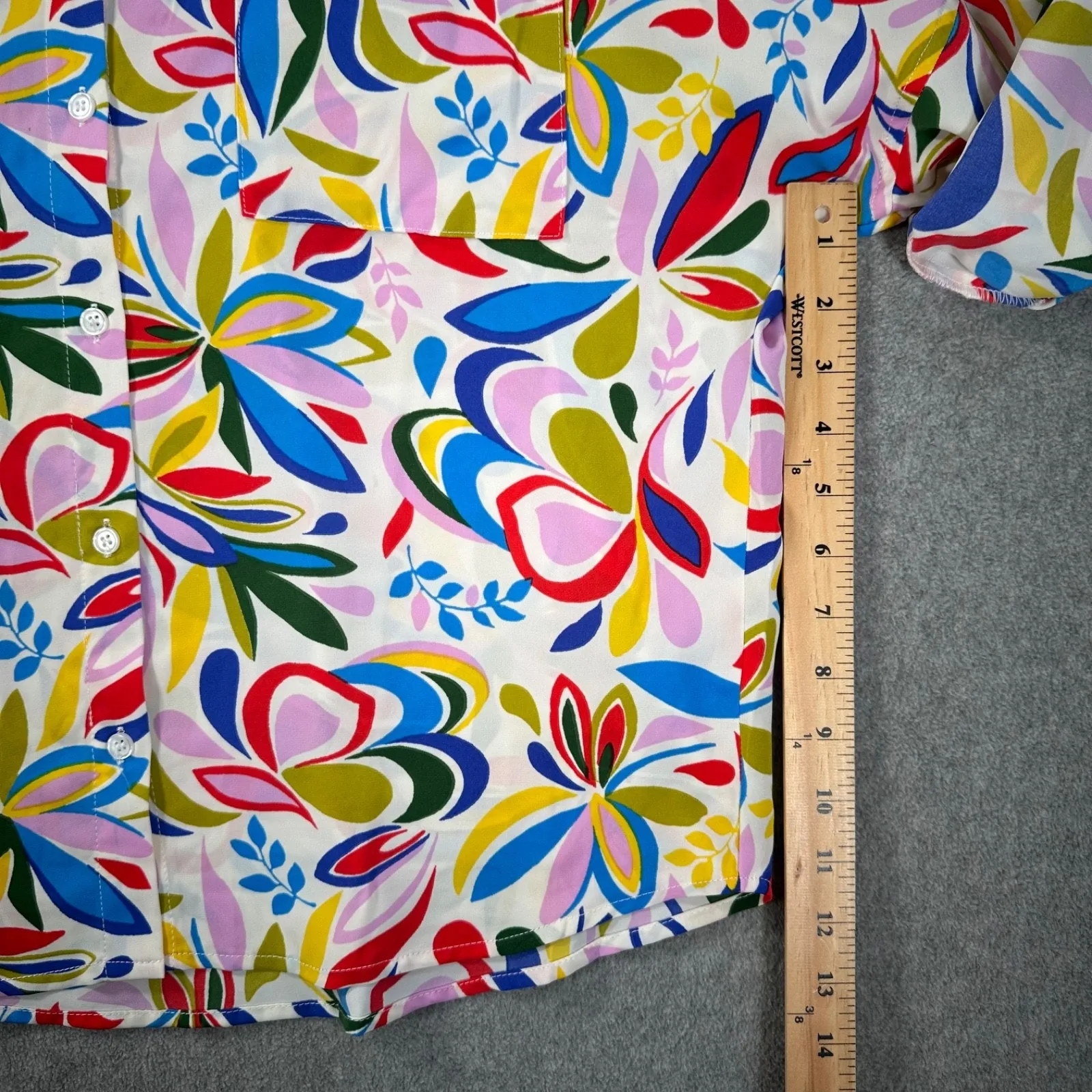 Emily Wonder Retro Floral Button Front Blouse Women's Small Pockets Roll Sleeve Blue - Image 6