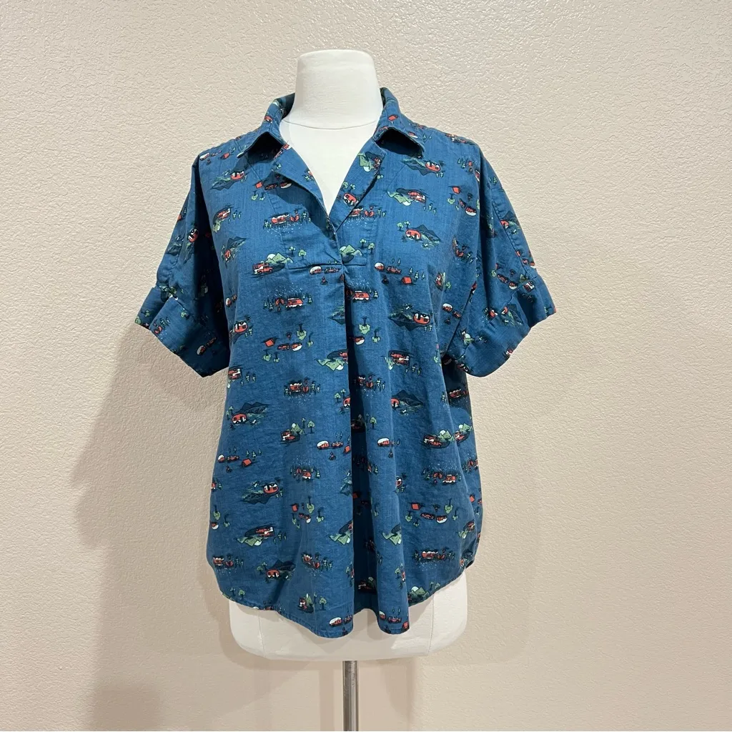 Duluth Trading Camper Camping Printmaker Lightweight Popover Shirt Size Medium Blue - Image 5