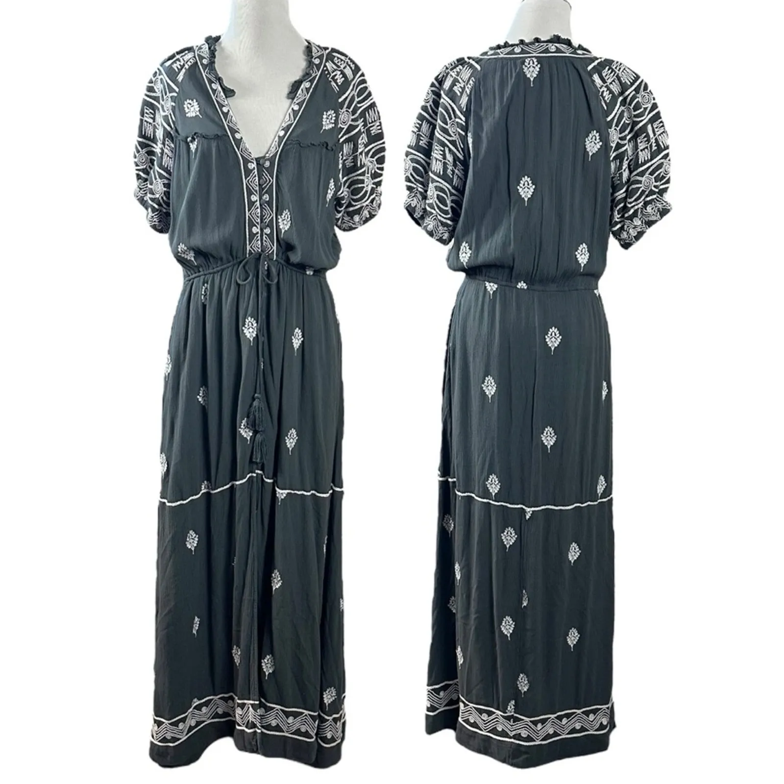 Free People Riley Embroidered Midi Maxi Dress Duster Black Grey Bohemian Medium - Image 7