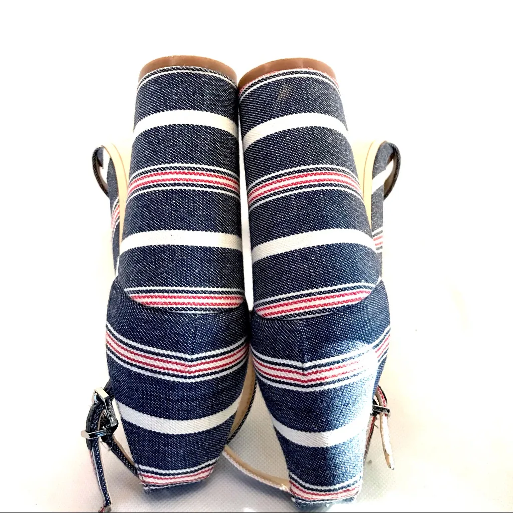 SAM EDELMAN "YARO" DENIM BLUE, RED & WHITE STRIPED FABRIC COVER HEELS (10) - Image 9