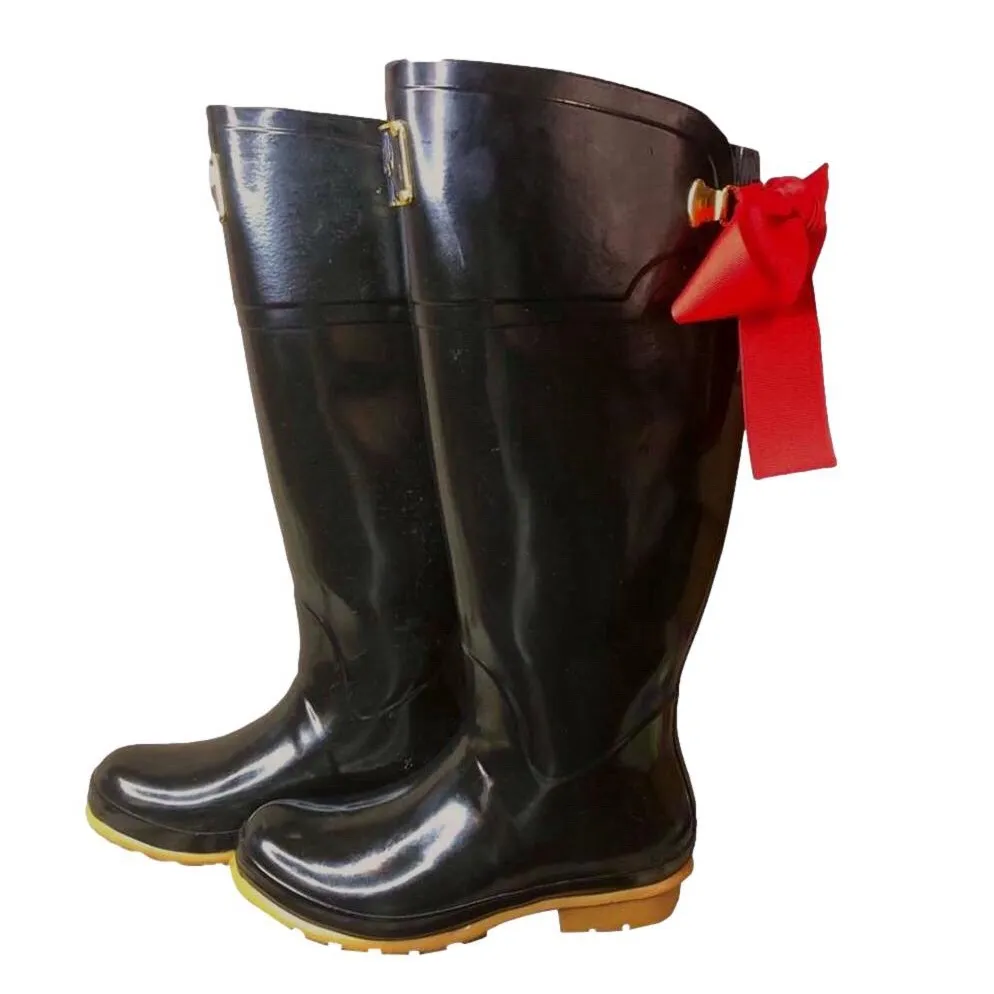 JOULES EVEDON Tall Black Rain Boots with Red Bows US Size 8 - Image 8