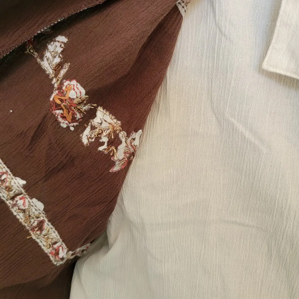 Y2K Vintage Brown White Floral Embroidered Retro Twofer Deadstock Blouse Size 14 - Image 5