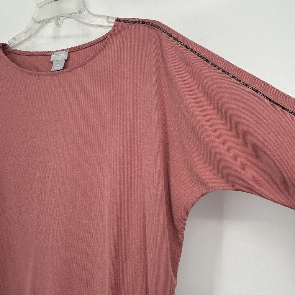 Chicos 0 Size S Sandwashed Beaded Tunic Pink Ribbed 3/4 Dolman Sleeves Boat Neck - Image 3