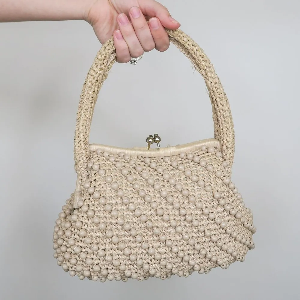 Vintage 70s Jordan Marsh Crochet Raffia Kisslock Satchel Handbag - Image 4