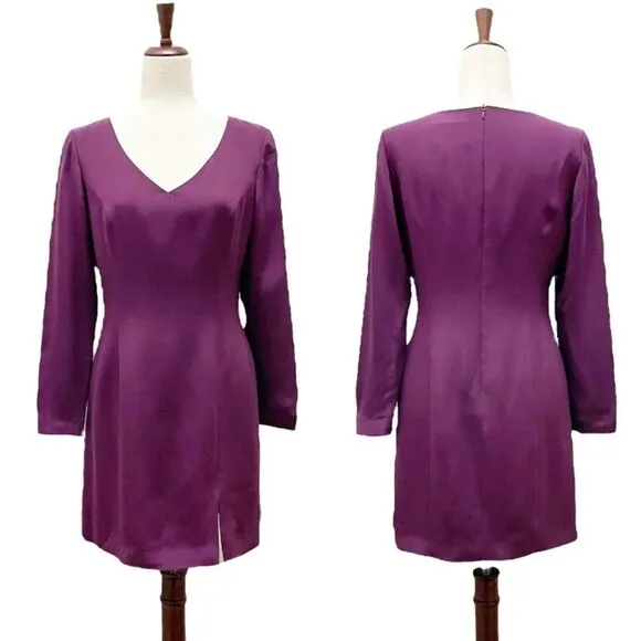 Vintage Hugo Buscati 100% Silk Long Sleeve Sheath Dress in Purple Women’s Size 8 - Image 2