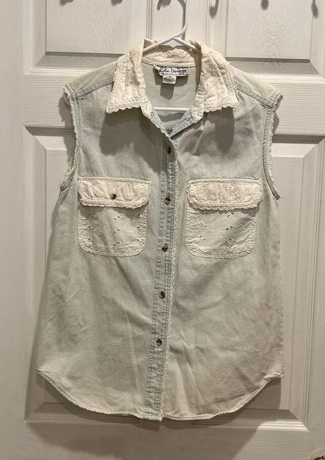 VTG Cotton Express Sleeveless Button Down Denim Shirt Women Medium White Lace - Image 1