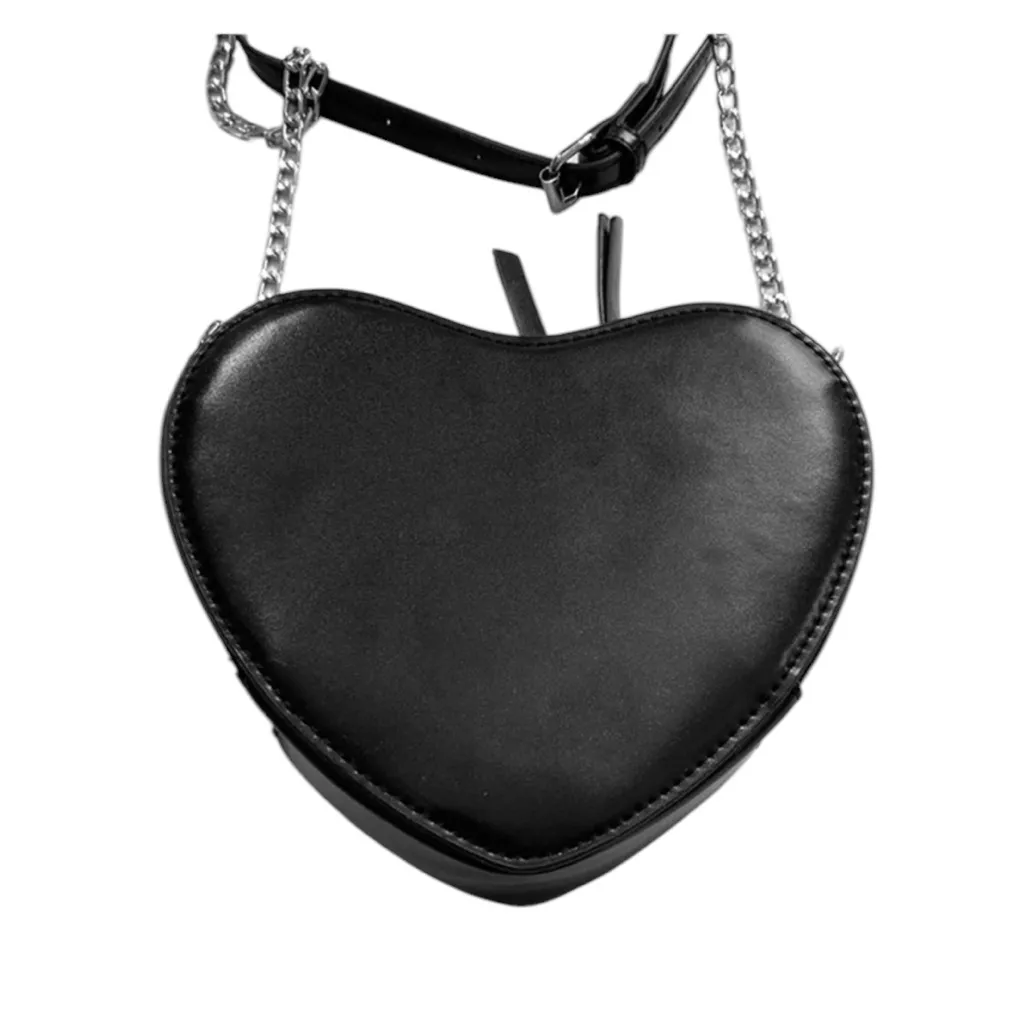 Heart-Shaped Black Crossbody Silver Chain Goth Punk Bikercore Faux Leather Bag - Image 5