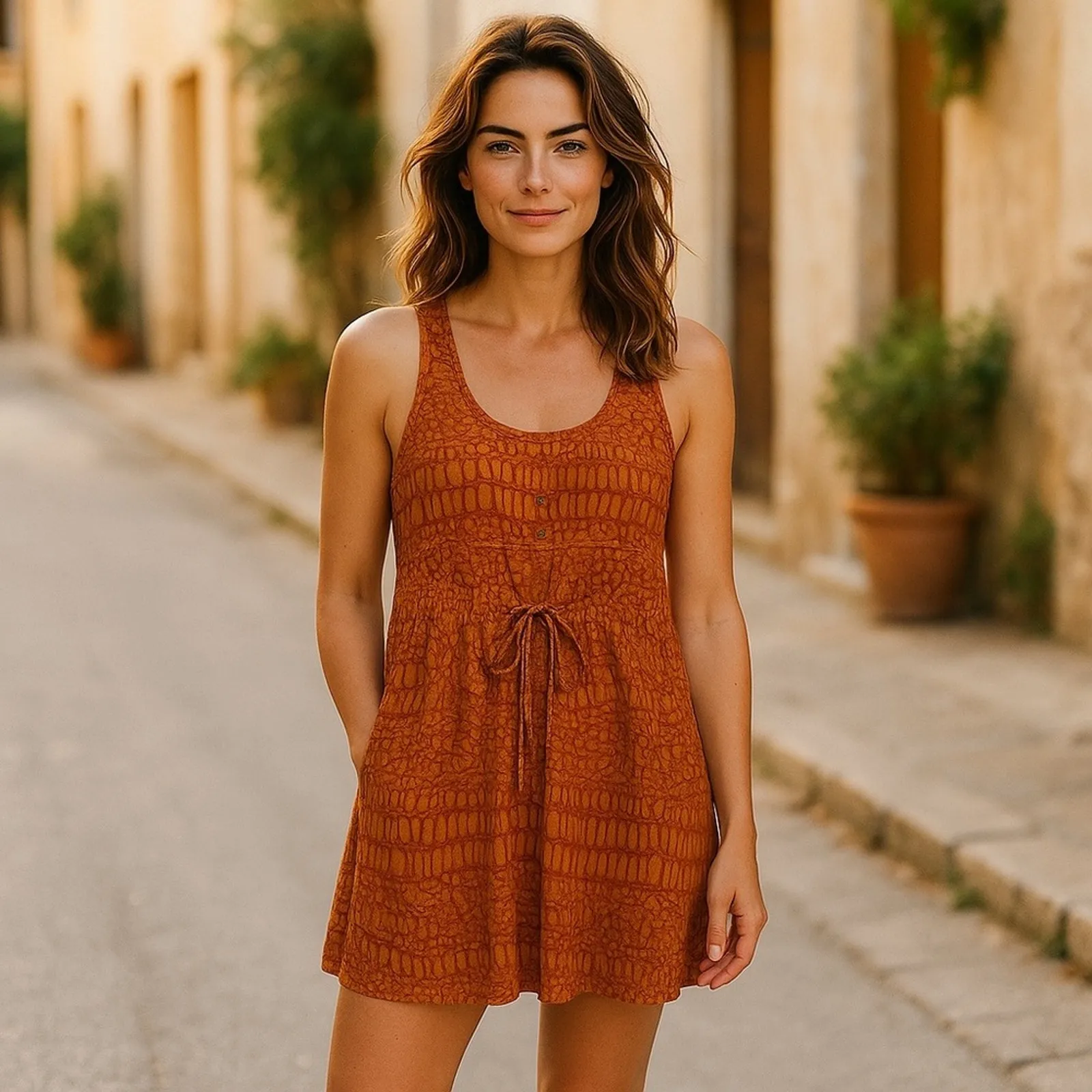 Bar III Copper & Tan Mini Dress Medium Racerback Tie Waist Summer Beach Dress - Image 14