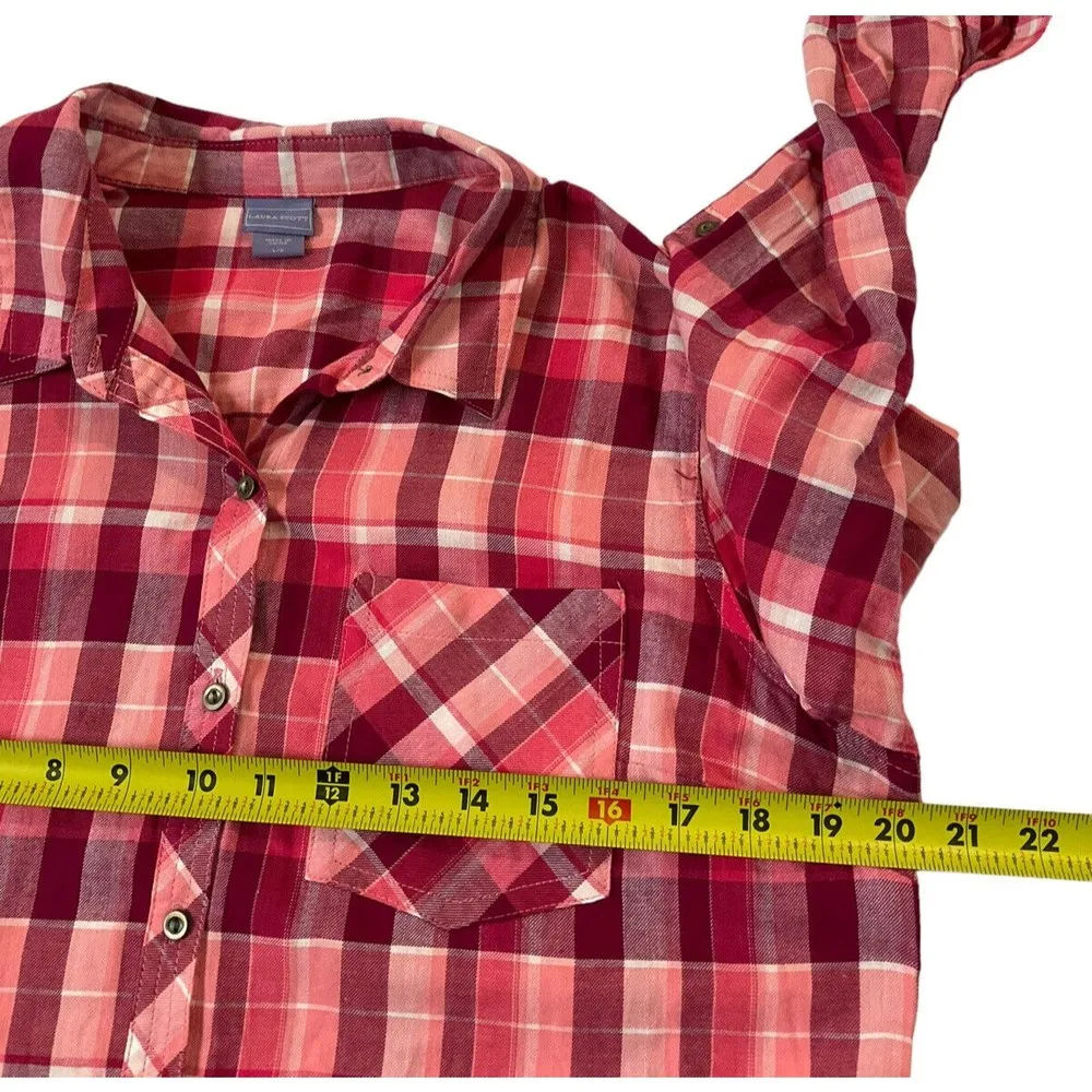 LAURA SCOTT Women Size Large Plaid Roll Tab Long Sleeve Shirt Pink Red #14-109 - Image 6