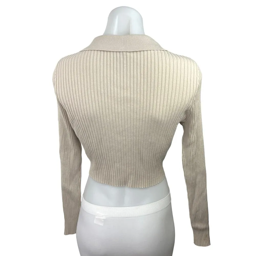 Divided H&M Beige Ribbed Polo Knitted V-Neck Collar Long Sleeve Crop Top Sz M - Image 2