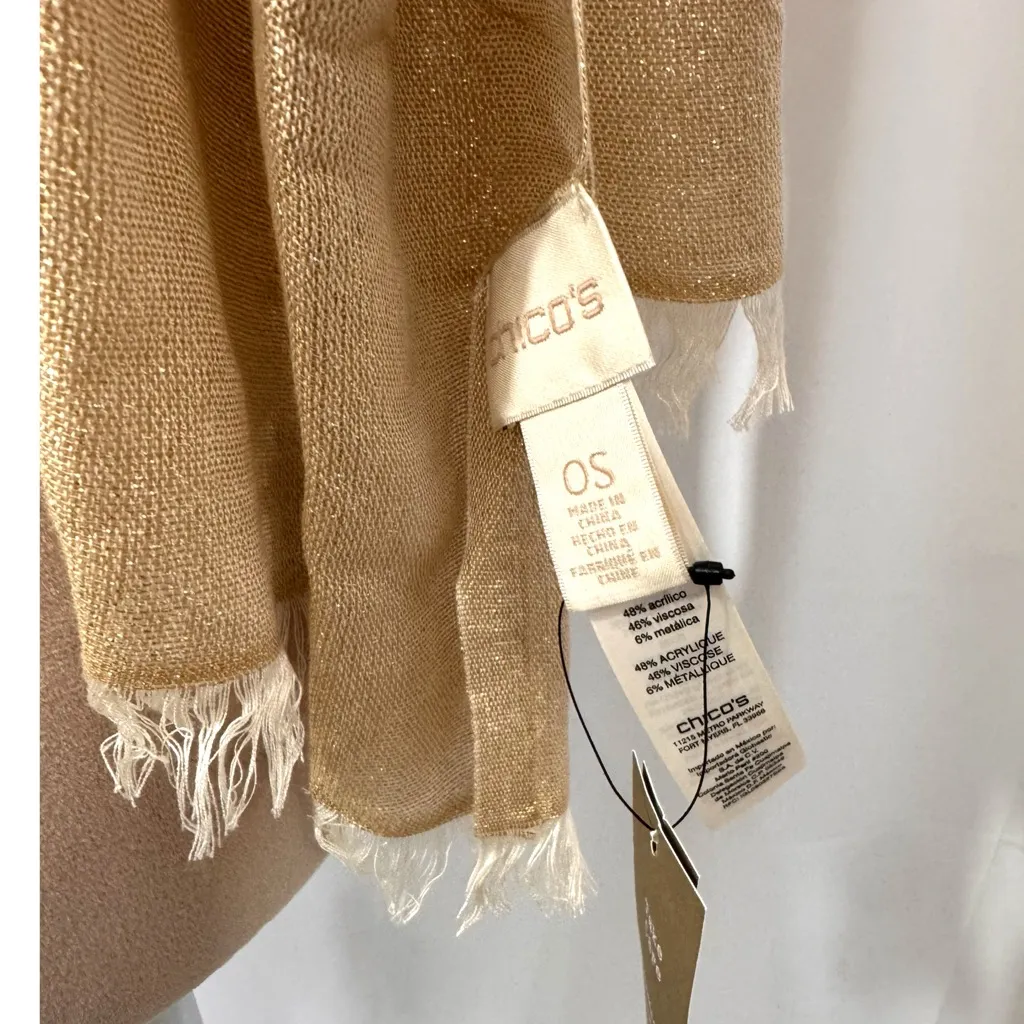 CHICOS Myra Scarf Gold Fringe Wrap Unique Yarn Fine Open Stitch Design New - Image 5